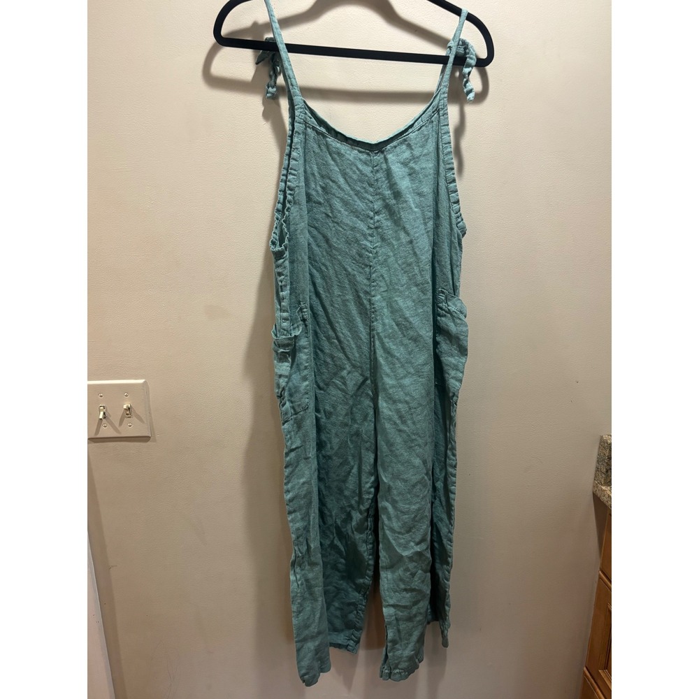 Meo Meli Italy Linen Overalls Jumpsuit Seafoam Green Wide Leg One Size Lagenlook - Picture 3 of 9